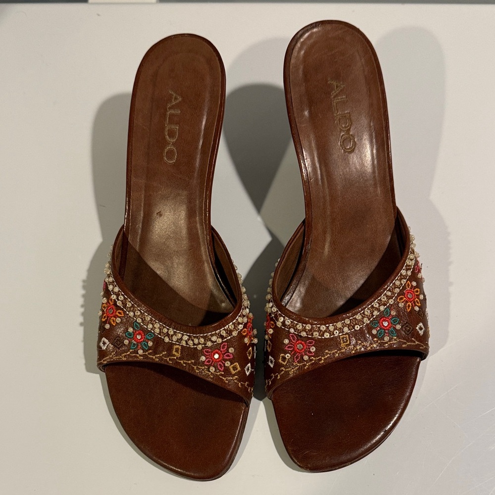 Aldo Brown Floral Embellished Sandals